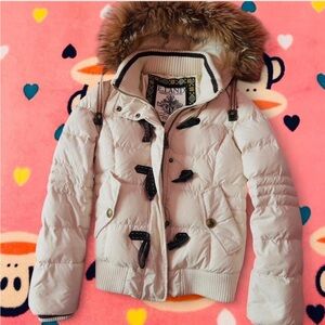 Cream Puffer Jacket with Faux Fur Hood